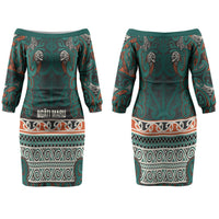 Aotearoa Iwi Ngāti Maru Taranaki Couples Matching Off The Shoulder Long Sleeve Dress and Long Sleeve Button Shirt Maori Wharenui House Tribal Pattern