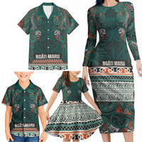 Aotearoa Iwi Ngāti Maru Taranaki Family Matching Long Sleeve Bodycon Dress and Hawaiian Shirt Maori Wharenui House Tribal Pattern