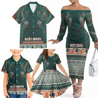 Aotearoa Iwi Ngāti Maru Taranaki Family Matching Off The Shoulder Long Sleeve Dress and Hawaiian Shirt Maori Wharenui House Tribal Pattern