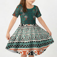 Aotearoa Iwi Ngāti Maru Taranaki Kid Short Sleeve Dress Maori Wharenui House Tribal Pattern