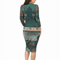 Aotearoa Iwi Ngāti Maru Taranaki Long Sleeve Bodycon Dress Maori Wharenui House Tribal Pattern