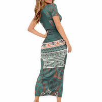 Aotearoa Iwi Ngāti Maru Taranaki Short Sleeve Bodycon Dress Maori Wharenui House Tribal Pattern