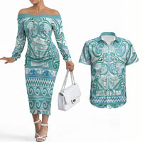 Aotearoa Iwi Ngati Paoa Couples Matching Off The Shoulder Long Sleeve Dress and Hawaiian Shirt Maori Wharenui House Tribal Pattern