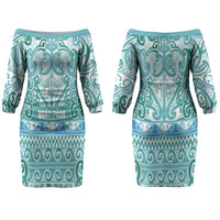 Aotearoa Iwi Ngati Paoa Couples Matching Off The Shoulder Long Sleeve Dress and Long Sleeve Button Shirt Maori Wharenui House Tribal Pattern