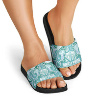Aotearoa Iwi Ngati Paoa Slide Sandals Maori Wharenui House Tribal Pattern