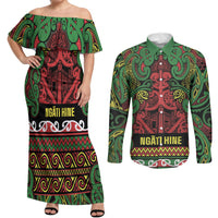 Aotearoa Iwi Ngati Hine Couples Matching Off Shoulder Maxi Dress and Long Sleeve Button Shirt Maori Wharenui House Tribal Pattern
