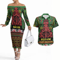 Aotearoa Iwi Ngati Hine Couples Matching Off The Shoulder Long Sleeve Dress and Hawaiian Shirt Maori Wharenui House Tribal Pattern