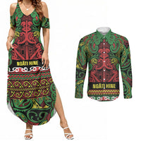 Aotearoa Iwi Ngati Hine Couples Matching Summer Maxi Dress and Long Sleeve Button Shirt Maori Wharenui House Tribal Pattern