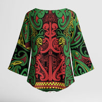 Aotearoa Iwi Ngati Hine Kimono Sleeve Blouse Maori Wharenui House Tribal Pattern
