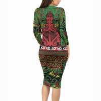Aotearoa Iwi Ngati Hine Long Sleeve Bodycon Dress Maori Wharenui House Tribal Pattern