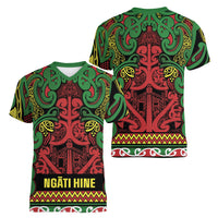Aotearoa Iwi Ngati Hine Women V-Neck T-Shirt Maori Wharenui House Tribal Pattern