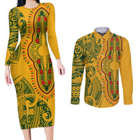 Africa Dashiki Couples Matching Long Sleeve Bodycon Dress and Long Sleeve Button Shirts African Tribal Art Mixed Polynesian Tattoo Gold Color Unique LT9 Gold - Polynesian Pride