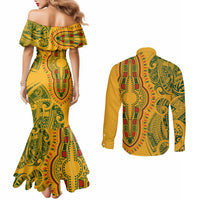 Africa Dashiki Couples Matching Mermaid Dress and Long Sleeve Button Shirts African Tribal Art Mixed Polynesian Tattoo Gold Color Unique LT9 - Polynesian Pride