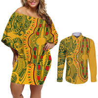 Africa Dashiki Couples Matching Off Shoulder Short Dress and Long Sleeve Button Shirts African Tribal Art Mixed Polynesian Tattoo Gold Color Unique LT9 Gold - Polynesian Pride