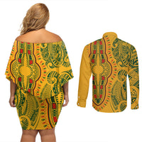 Africa Dashiki Couples Matching Off Shoulder Short Dress and Long Sleeve Button Shirts African Tribal Art Mixed Polynesian Tattoo Gold Color Unique LT9 - Polynesian Pride