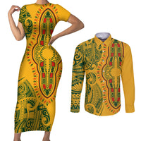 Africa Dashiki Couples Matching Short Sleeve Bodycon Dress and Long Sleeve Button Shirts African Tribal Art Mixed Polynesian Tattoo Gold Color Unique LT9 Gold - Polynesian Pride
