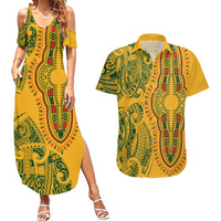 Africa Dashiki Couples Matching Summer Maxi Dress and Hawaiian Shirt African Tribal Art Mixed Polynesian Tattoo Gold Color Unique LT9 Gold - Polynesian Pride