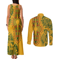 Africa Dashiki Couples Matching Tank Maxi Dress and Long Sleeve Button Shirts African Tribal Art Mixed Polynesian Tattoo Gold Color Unique LT9 - Polynesian Pride