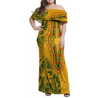 Africa Dashiki Family Matching Off Shoulder Maxi Dress and Hawaiian Shirt African Tribal Art Mixed Polynesian Tattoo Gold Color Unique LT9 Mom's Dress Gold - Polynesian Pride