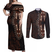 Africa Dashiki Couples Matching Off Shoulder Maxi Dress and Long Sleeve Button Shirts African Tribal Art Mixed Polynesian Tattoo Red Color Unique LT9 Red - Polynesian Pride