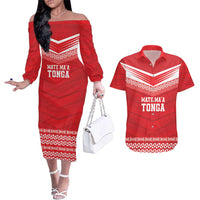 Custom Mate Ma'a Tonga Heritage Couples Matching Off The Shoulder Long Sleeve Dress and Hawaiian Shirt Pacific Tribal Rugby Red Edition - Polynesian Pride
