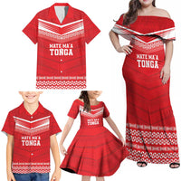 Custom Mate Ma'a Tonga Heritage Family Matching Off Shoulder Maxi Dress and Hawaiian Shirt Pacific Tribal Rugby Red Edition - Polynesian Pride