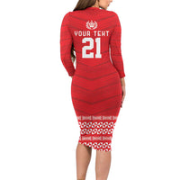 Custom Mate Ma'a Tonga Heritage Long Sleeve Bodycon Dress Pacific Tribal Rugby Red Edition - Polynesian Pride