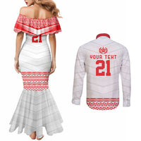 Custom Mate Ma'a Tonga Heritage Couples Matching Mermaid Dress and Long Sleeve Button Shirt Pacific Tribal Rugby White Edition - Polynesian Pride