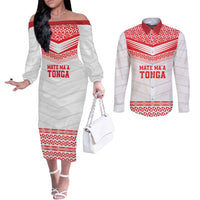 Custom Mate Ma'a Tonga Heritage Couples Matching Off The Shoulder Long Sleeve Dress and Long Sleeve Button Shirt Pacific Tribal Rugby White Edition - Polynesian Pride