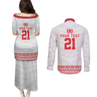 Custom Mate Ma'a Tonga Heritage Couples Matching Puletasi and Long Sleeve Button Shirt Pacific Tribal Rugby White Edition - Polynesian Pride