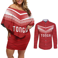 Custom Pacific Rugby Spirit Couples Matching Off Shoulder Short Dress and Long Sleeve Button Shirt Tonga Ngatu Pride Red Edition - Polynesian Pride