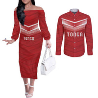 Custom Pacific Rugby Spirit Couples Matching Off The Shoulder Long Sleeve Dress and Long Sleeve Button Shirt Tonga Ngatu Pride Red Edition - Polynesian Pride
