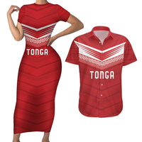 Custom Pacific Rugby Spirit Couples Matching Short Sleeve Bodycon Dress and Hawaiian Shirt Tonga Ngatu Pride Red Edition - Polynesian Pride