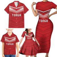 Custom Pacific Rugby Spirit Family Matching Short Sleeve Bodycon Dress and Hawaiian Shirt Tonga Ngatu Pride Red Edition - Polynesian Pride