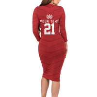 Custom Pacific Rugby Spirit Long Sleeve Bodycon Dress Tonga Ngatu Pride Red Edition - Polynesian Pride