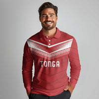 Custom Pacific Rugby Spirit Long Sleeve Polo Shirt Tonga Ngatu Pride Red Edition - Polynesian Pride