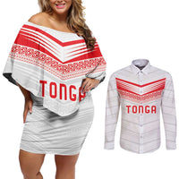 Custom Pacific Rugby Spirit Couples Matching Off Shoulder Short Dress and Long Sleeve Button Shirt Tonga Ngatu Pride White Edition - Polynesian Pride