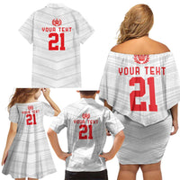 Custom Pacific Rugby Spirit Family Matching Off Shoulder Short Dress and Hawaiian Shirt Tonga Ngatu Pride White Edition - Polynesian Pride