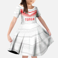 Custom Pacific Rugby Spirit Kid Short Sleeve Dress Tonga Ngatu Pride White Edition - Polynesian Pride