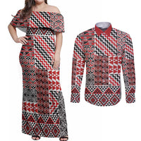 Aotearoa Kowhaiwhai Taniko Patchwork Motifs Couples Matching Off Shoulder Maxi Dress and Long Sleeve Button Shirt