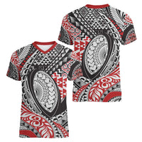 Aotearoa Maori Rugby Tribal Tattoo Women V-Neck T-Shirt Kowhaiwhai Taniko Patchwork Motifs