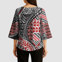 Aotearoa Maori Tribal Tattoo Kimono Sleeve Blouse Kowhaiwhai Taniko Patchwork Motifs - Polynesian Pride