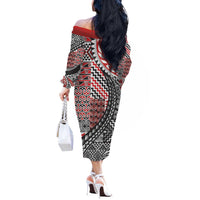Aotearoa Maori Tribal Tattoo Off The Shoulder Long Sleeve Dress Kowhaiwhai Taniko Patchwork Motifs