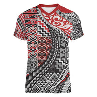 Aotearoa Maori Tribal Tattoo Women V-Neck T-Shirt Kowhaiwhai Taniko Patchwork Motifs