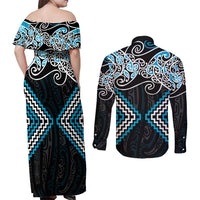 Blue Aotearoa Tukutuku Manawa Tapu Couples Matching Off Shoulder Maxi Dress and Long Sleeve Button Shirt Ta Moko Toi Maori
