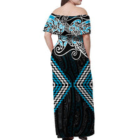 Blue Aotearoa Tukutuku Manawa Tapu Off Shoulder Maxi Dress Ta Moko Toi Maori
