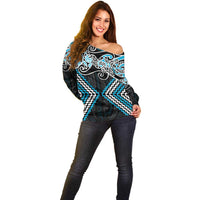 Blue Aotearoa Tukutuku Manawa Tapu Off Shoulder Sweater Ta Moko Toi Maori