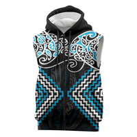 Blue Aotearoa Tukutuku Manawa Tapu Sleeveless Zip Hoodie Ta Moko Toi Maori - Polynesian Pride