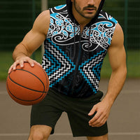 Blue Aotearoa Tukutuku Manawa Tapu Sleeveless Zip Hoodie Ta Moko Toi Maori - Polynesian Pride