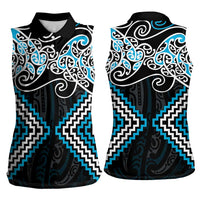 Blue Aotearoa Tukutuku Manawa Tapu Women Sleeveless Polo Shirt Ta Moko Toi Maori